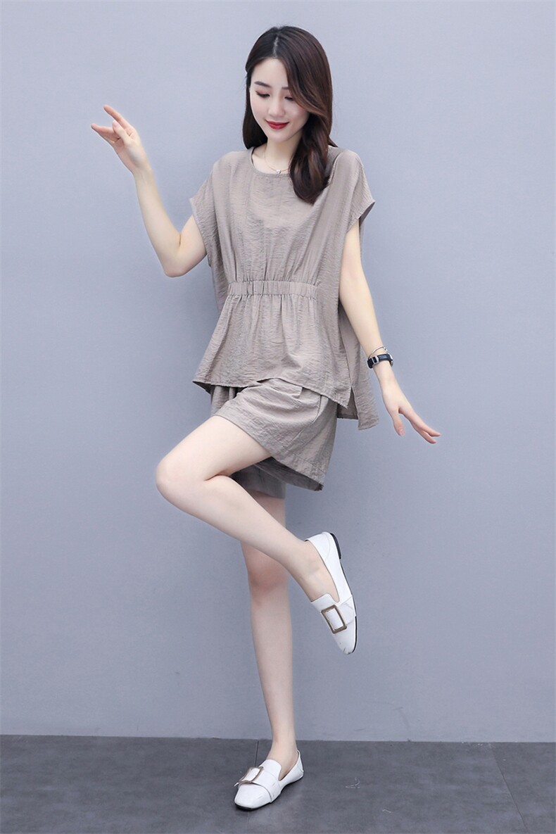 休闲时尚短裤套装2025夏季新款大码女装高端洋气时髦棉麻两件套女,女装套装/套裙,半夏