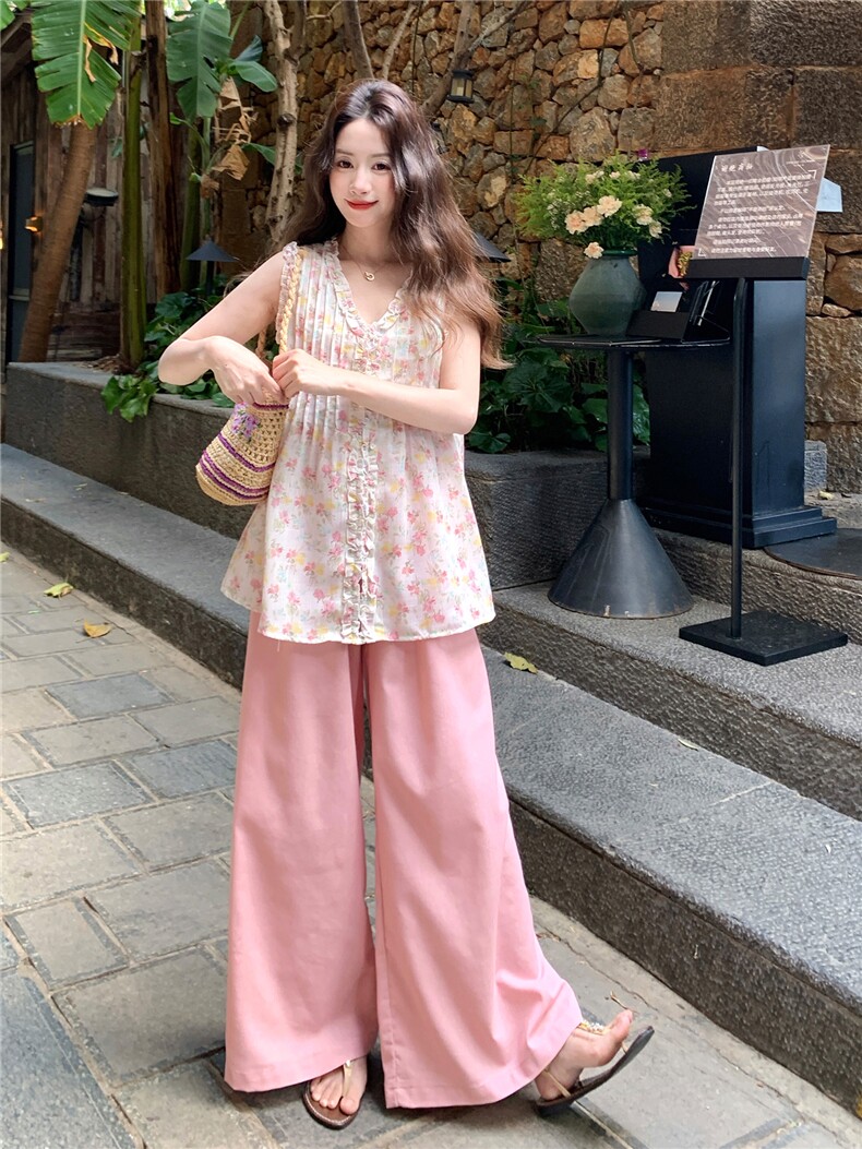 夏日少女风套装2026新款韩式碎花木耳边背心宽松阔腿裤两件套裤,女装套装/套裙,流量+