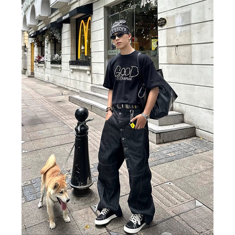 抖音得物供货210克现货宽松纯棉美式潮牌印花落肩袖纯棉T恤AT2184,男装T恤,电商A443