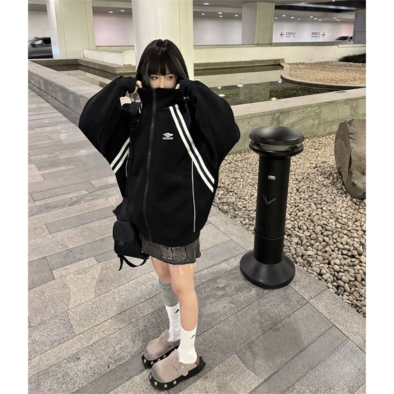 抖音得物高品质秋冬美式重磅结构织带撞色立领印花卫衣外套AW7006,女装短外套,电商A443