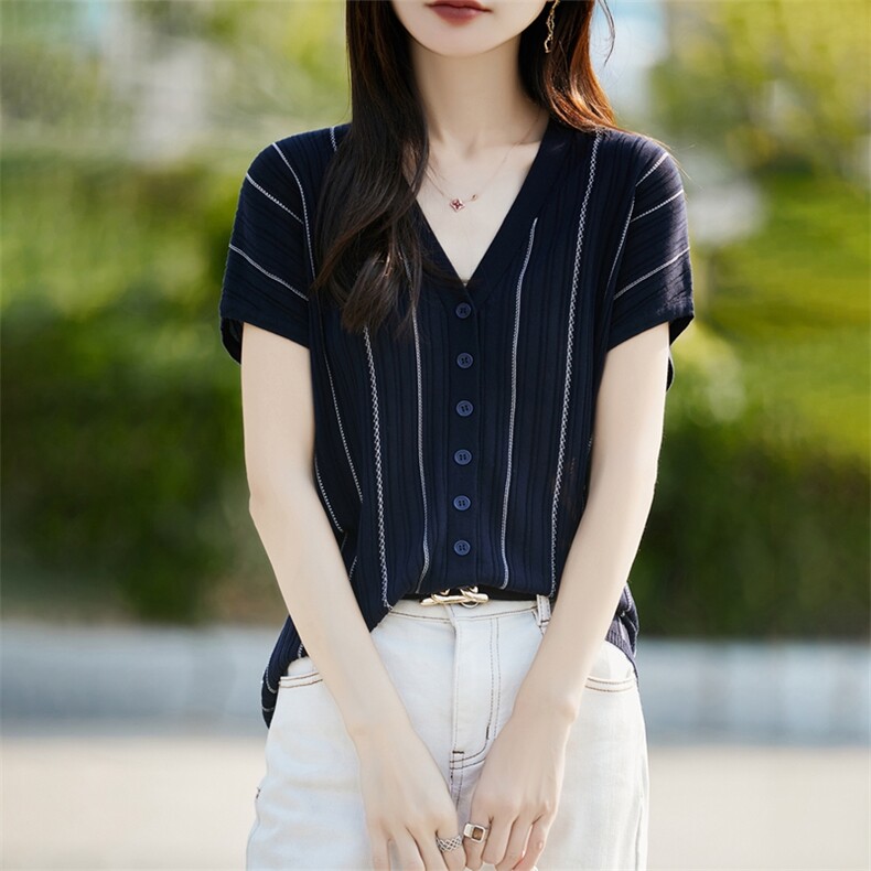 外搭V领莱赛尔天丝短袖开衫T恤女宽松撞色条纹针织休闲半袖上衣潮,女装T恤,暖烁羊绒