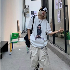 美式复古纯色牛仔七分裤多口袋设计工装裤水洗短裤男女潮流，女装休闲裤，星座506A