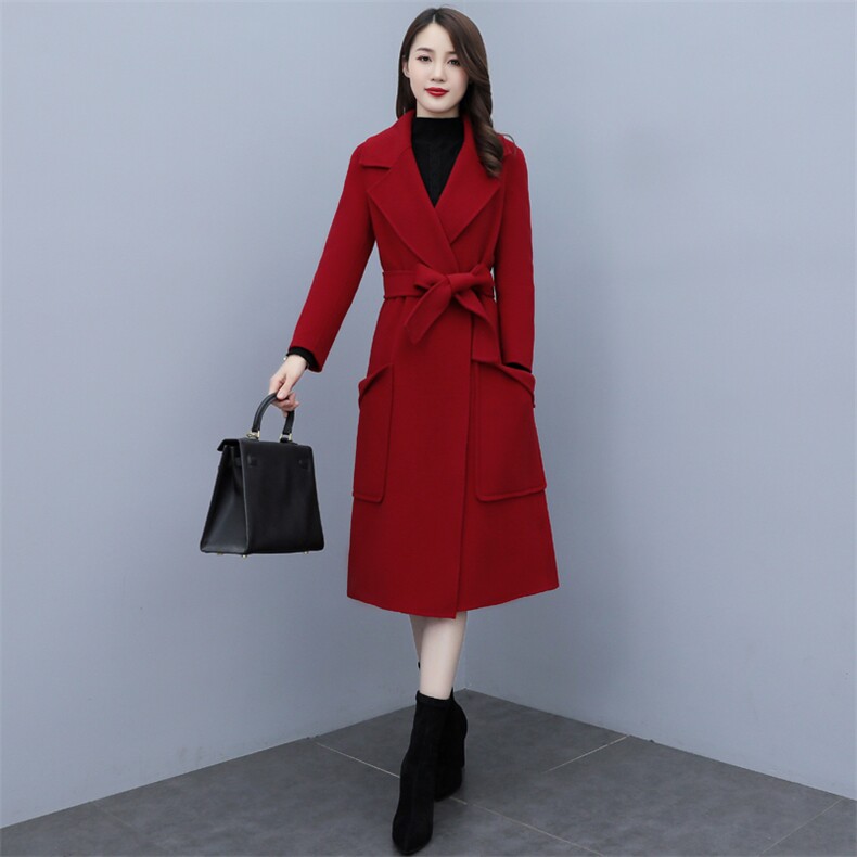 时尚简约大方系带欧版全羊毛长款大口袋双面羊绒大衣，女装毛呢外套，媚琳依坊