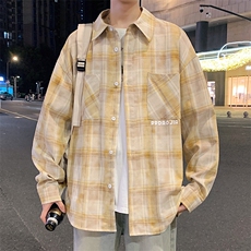特批P43无差价秋季新款港风高街字母印花格子衬衫男痞帅外套C2503，男装衬衫，电商A001-1