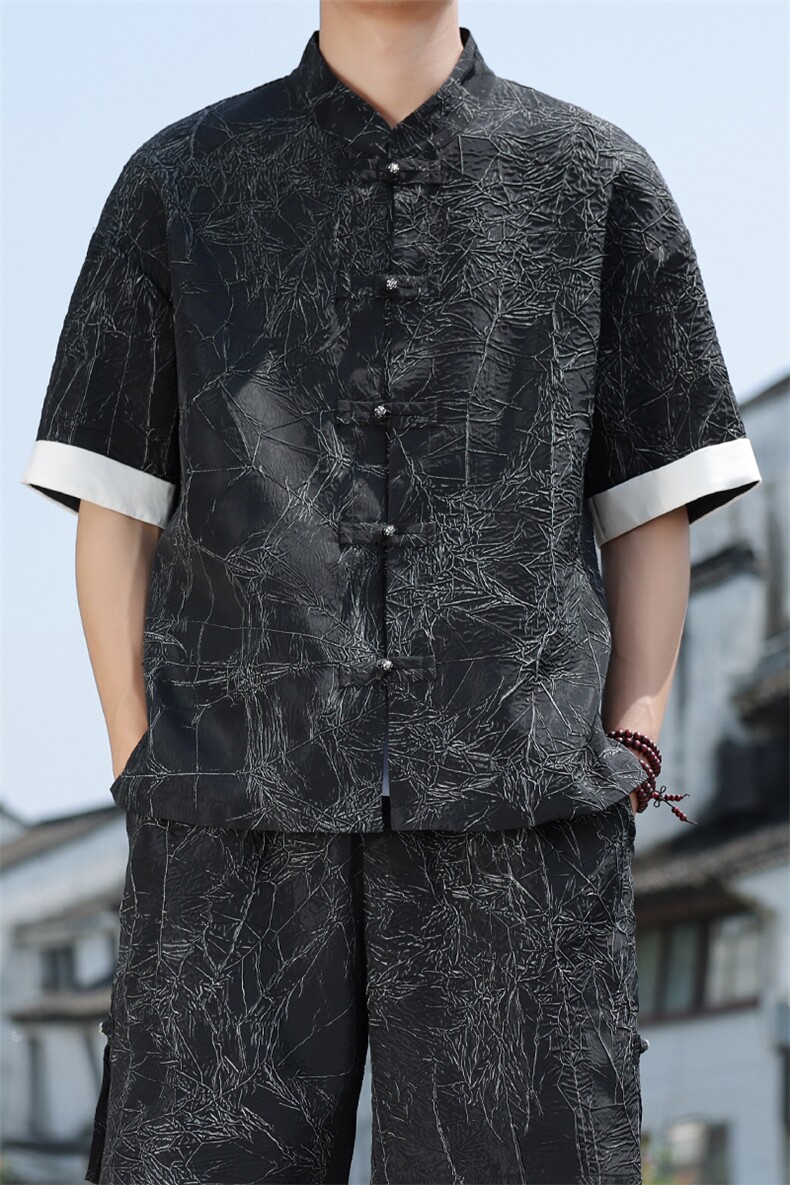 2025夏季新款男装新中式衬衣风金属盘扣拼接短袖衬衫C98-P60,男装衬衫,电商B277(原6028)