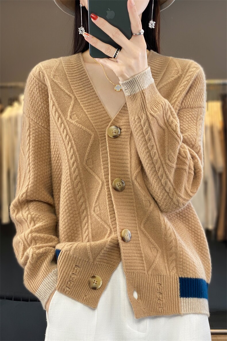 时尚百搭女士秋冬针织羊毛衫羊毛V领宽松显瘦开衫毛衣,女装羊毛衫,昭美羊绒