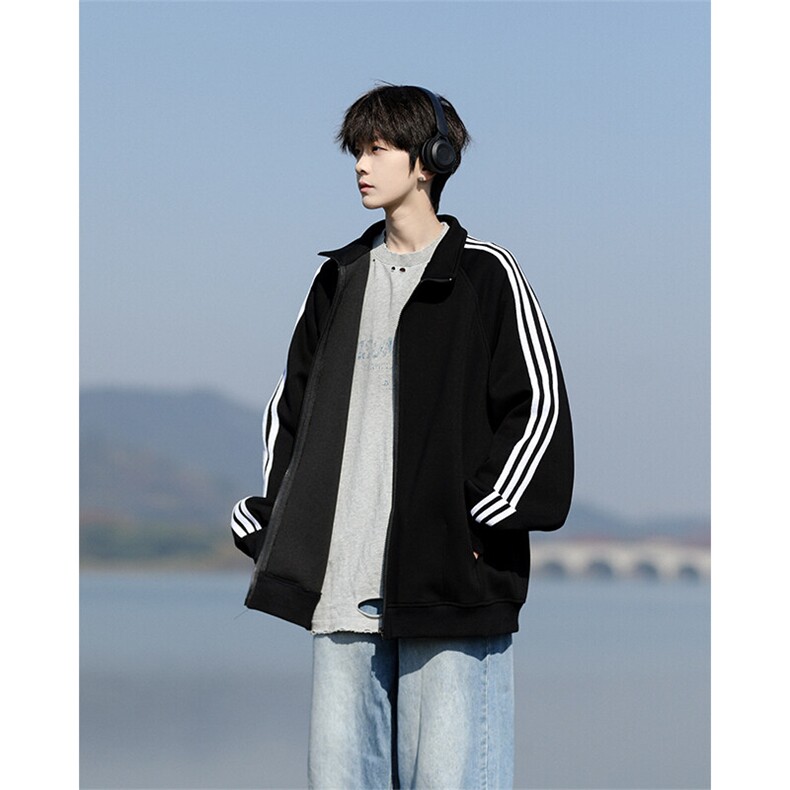 8XL-M三条杠运动卫衣特大码美式条纹立领夹克开衫外套JK5205/P65，男装夹克，电商B238