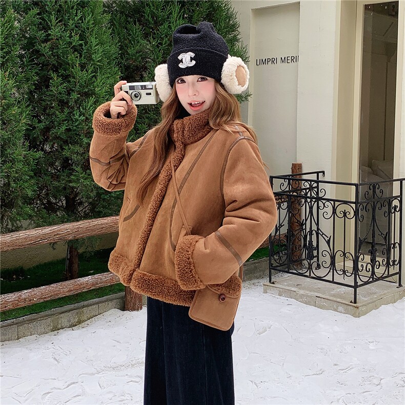 美拉德加绒加厚皮毛一体外套女2025冬季新款韩版保暖显瘦棉服上衣,女装皮草,2C306
