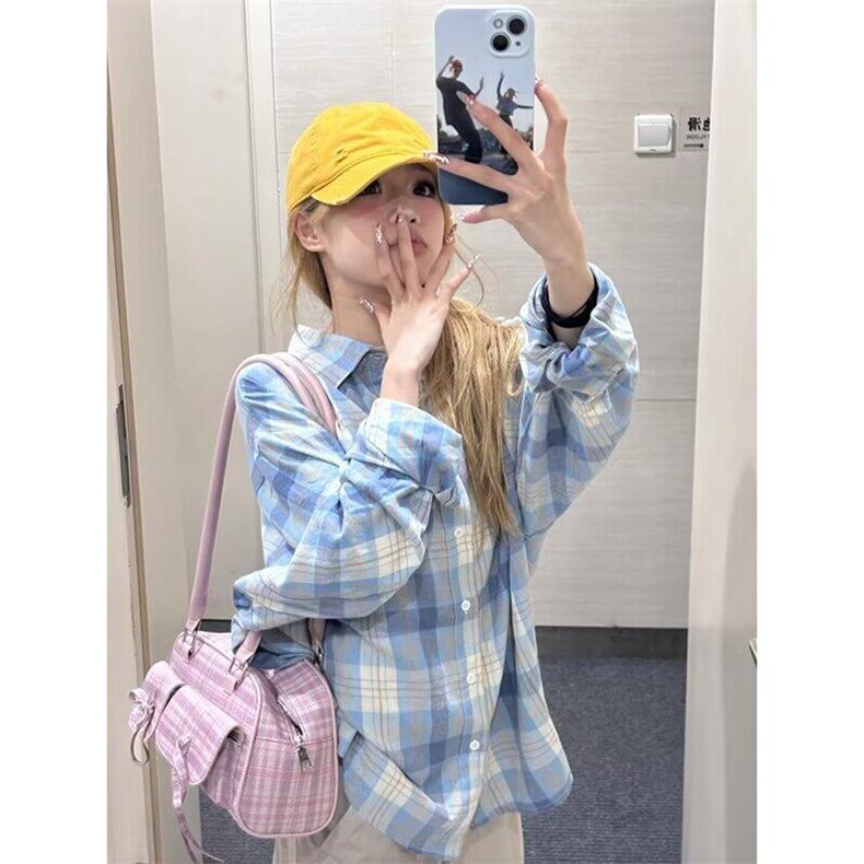 春秋季美式复古撞色格子防晒衬衫男女长袖宽松薄款衬衣慵懒风外套,男装衬衫,星座506A