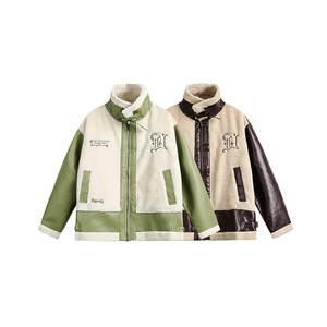 2025冬拼接羊羔毛pu皮棉服--5174图片