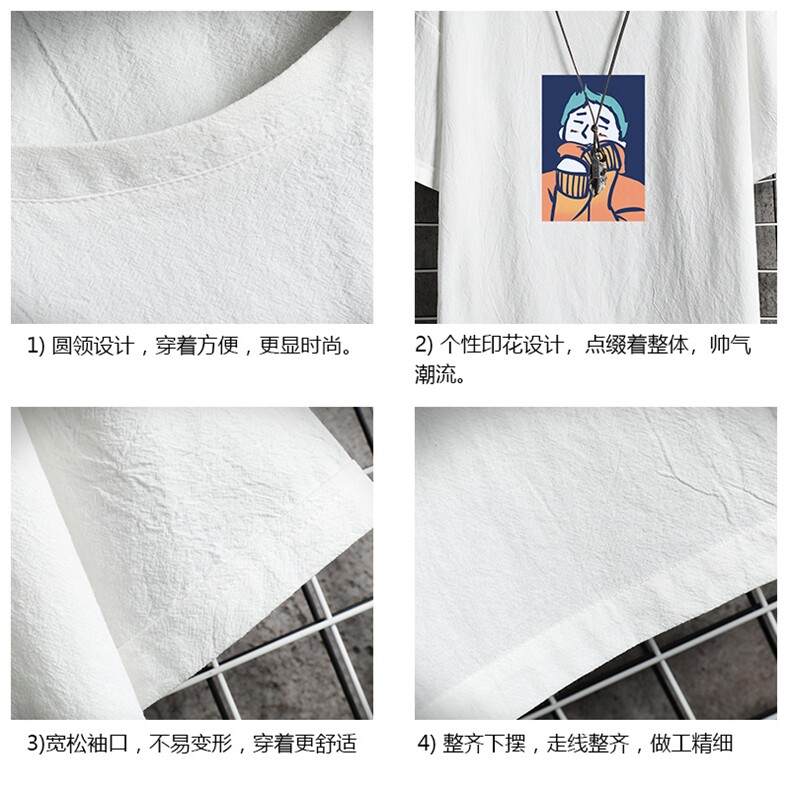 YT26042-P30亚麻短袖t恤男大码五分袖男宽松七分袖网格挂拍,男装T恤,电商A040A