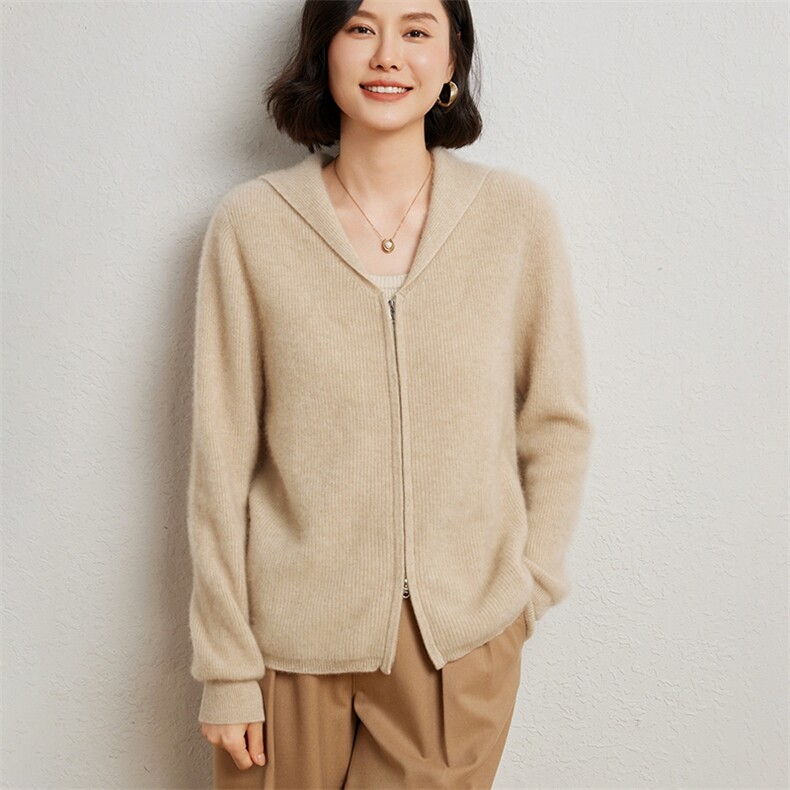 时尚女士羊绒帽衫黑色元宝针双拉链设计舒适保暖,女装羊绒衫,臻维羊绒