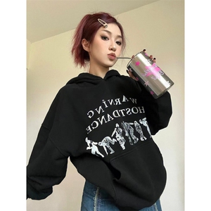 C376-P55美式复古人像印花卫衣秋冬宽松长袖卫衣上衣男女款潮,穿搭图片女学生夏季图片