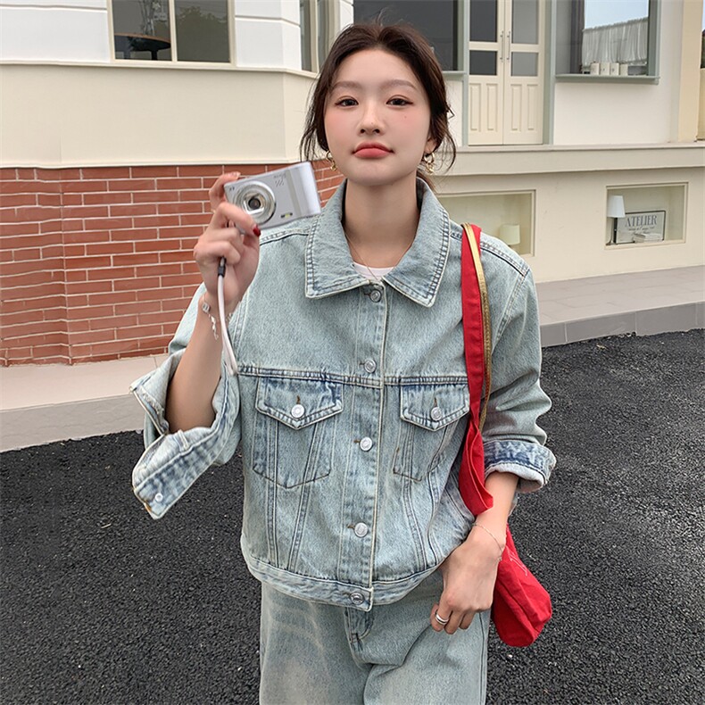 浅蓝色复古牛仔套装女2025春新款甜酷风时尚外套七分阔腿裤两件套,女装套装/套裙,浙宝305