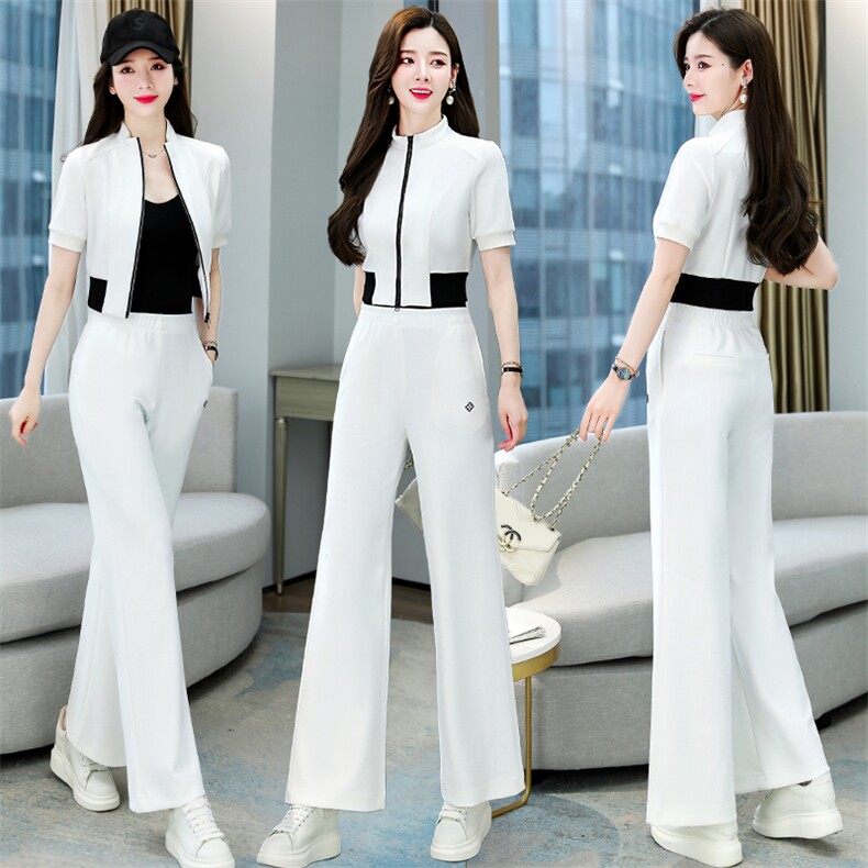 尾货通勤大牌外贸高端专柜牛货新款长袖撞色拉链上衣配阔腿裤套装，女装套装/套裙，卡杰菲