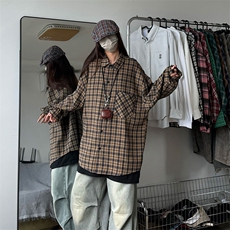衬衫男春季新款港风宽松磨毛格子长袖衬衣CS510-P38，男装衬衫，星座214-3