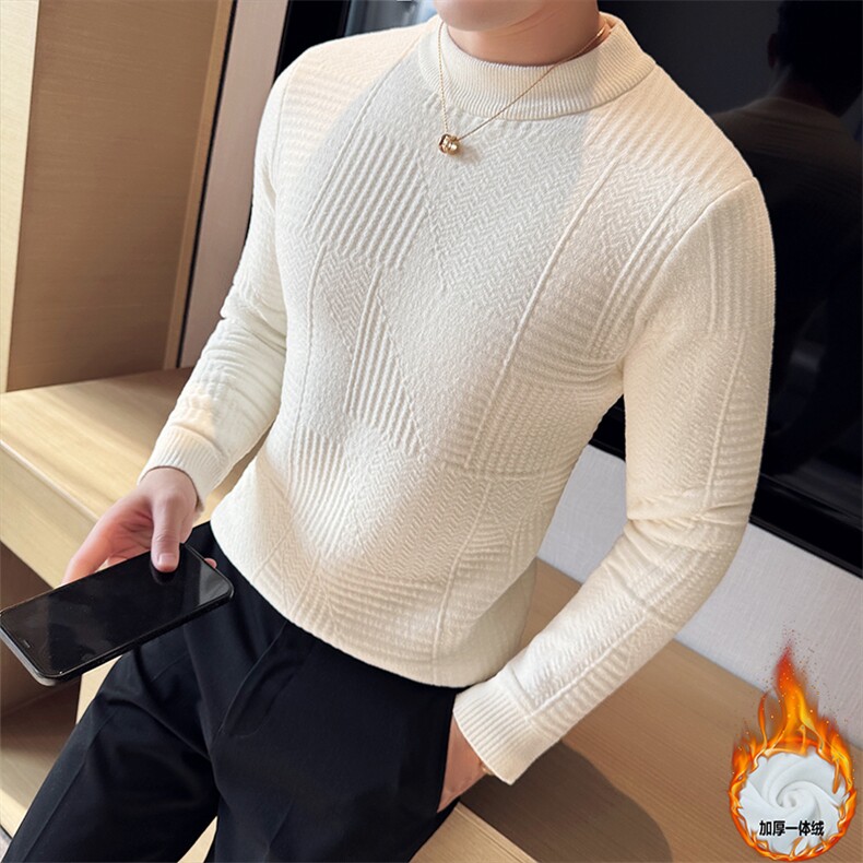 一体绒加厚针织衫暗花修身半高领长袖毛衣针织打底衫男96006-p68，男装针织衫/毛衣，电商D303
