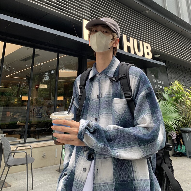 抖音格子衬衫男士外套长袖衬衣宽松港风DX505P5578,男装衬衫,电商B413-1