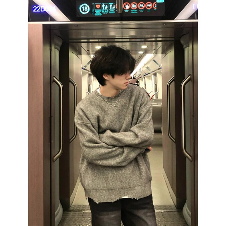 灰色破坏风毛衣男秋冬季潮牌痞帅慵懒cleanfit宽松内搭针织打底衫,男装针织衫/毛衣,星座1007（原301D）