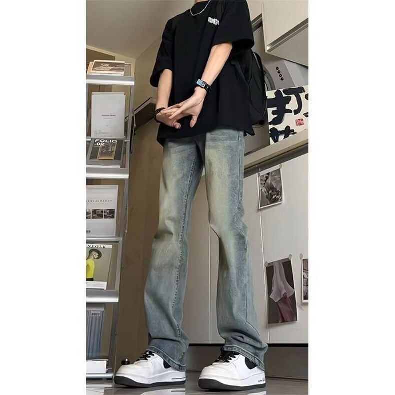 美式复古水洗牛仔裤秋季高街痞帅显瘦微喇直筒裤cleanfit做旧长裤,男装牛仔裤,星座1008