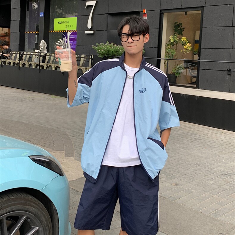 TZ12-P50美式潮流工装立领短袖套装,男装休闲套装,星座1501-1