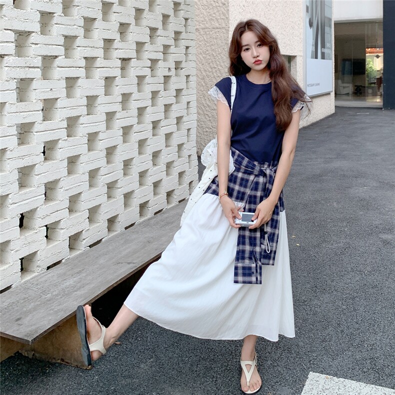 法式复古气质收腰显瘦假两件拼接连衣裙女2025夏季新款设计感小众,女装连衣裙,1C130