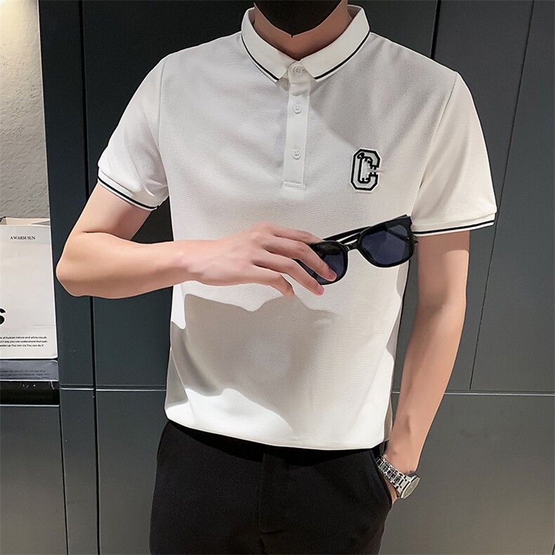 白色2023社会小伙修身绣花短袖polo衫男士短袖T恤PL513-P48控价68图片