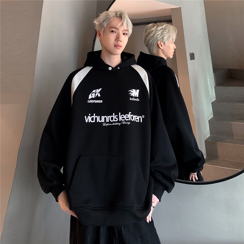 撞色运动连帽卫衣潮流美式复古春秋季情侣宽松帽衫W91-P78,男装卫衣,电商C307