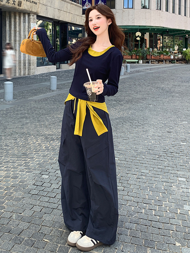 慵懒风撞色披肩长袖上衣工装阔腿裤两件套女2025秋季新款休闲套装,女装套装/套裙,纯色衣恋