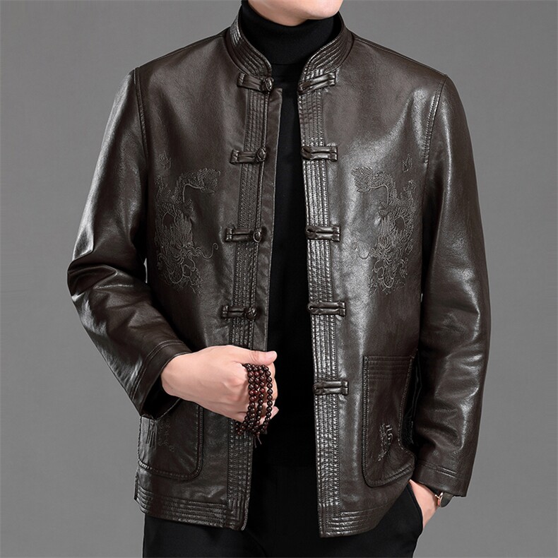 MJ-7001秋季男士休闲立领皮夹克中老年爸爸装唐装PU皮外套P110，男装皮衣，电商B360