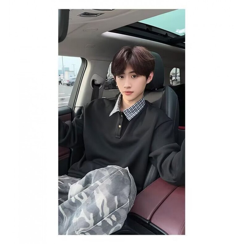 春秋季美式衬衫领假两件卫衣男潮流情侣装宽松字母刺绣上衣,男装衬衫,四季星座505