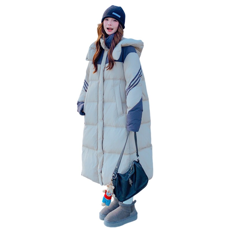 时尚浪漫撞色条纹拼接长款羽绒服女冬季2025连帽过膝工装保暖外套,女装羽绒服,2C325