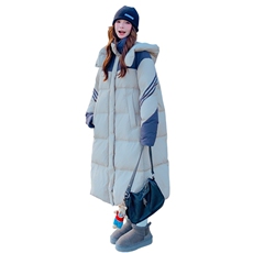 时尚浪漫撞色条纹拼接长款羽绒服女冬季2025连帽过膝工装保暖外套，女装羽绒服，2C325