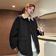 中性风撞色灯芯绒拼接领棉衣外套女宽松羊羔绒加厚棉服G1070P128，男装棉衣，电商A339
