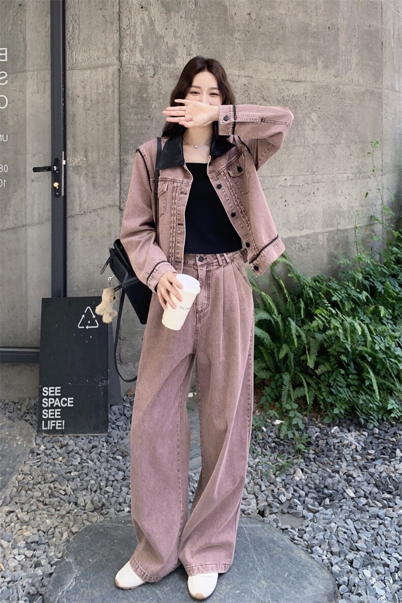 甜酷风撞色牛仔两件套女2025秋季新款洋气炸街美式休闲高腰阔腿裤,女装套装/套裙,2C317