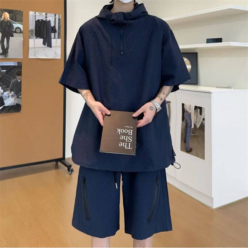 网图慎用连帽泡泡纱防晒套装新款短袖百搭宽松T恤套装TZ558P50，男装防晒衣，电商A128