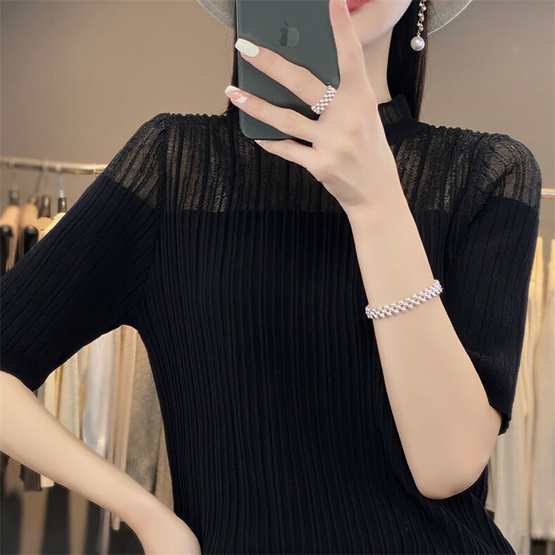 冰丝拼接蕾丝镂空针织短袖t恤女士修身打底衫上衣女内搭纯色体恤,针织衫/毛衣,萱芳婷羊绒