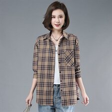 2021年春季自主图通勤韩版长袖格子衬衫POLO领磨毛衬衣，女装衬衫，伊满意