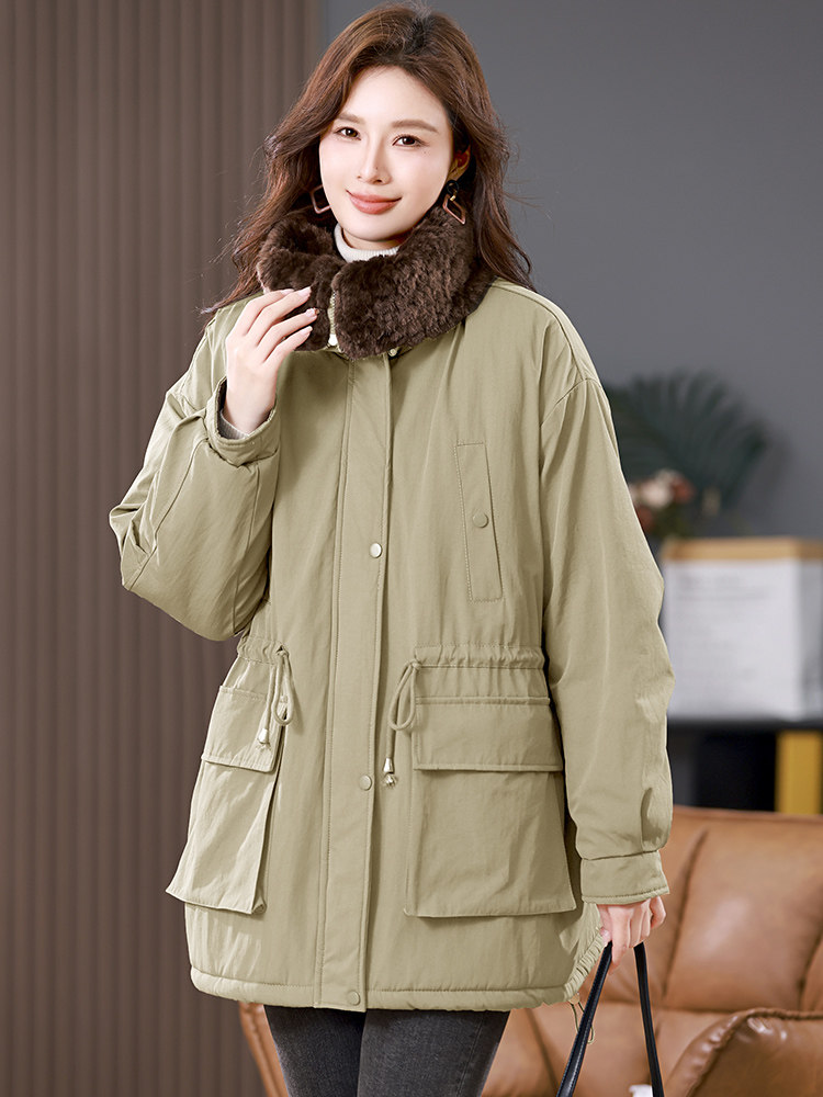 冬季加绒派克服棉衣女2025新款小个子针织连帽休闲工装棉衣外套,女装棉衣/棉服,江忆布依