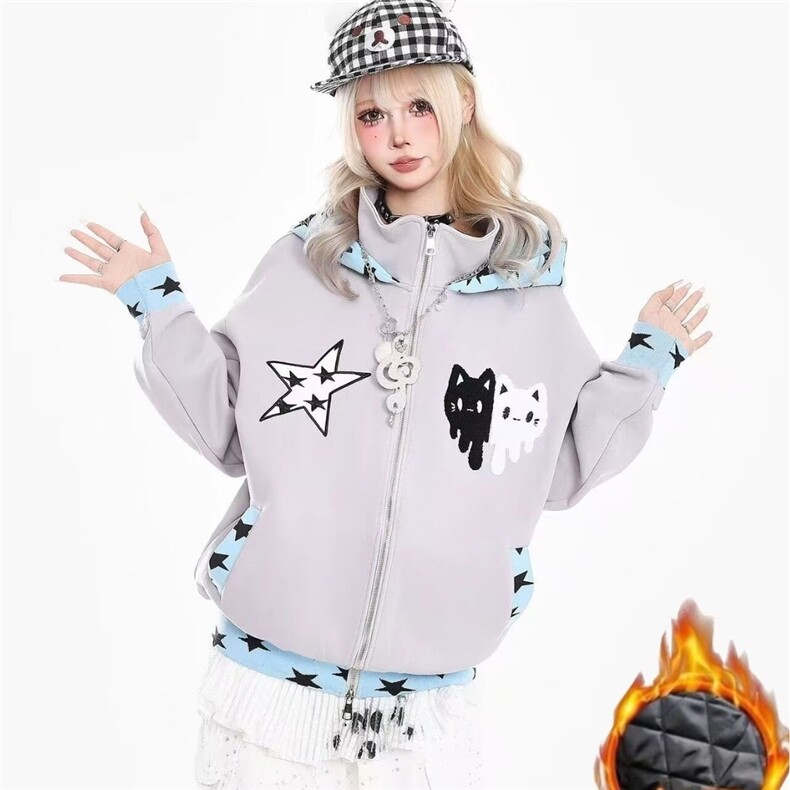 美式星星猫咪刺绣设计感连帽加绒卫衣男女秋冬宽松开衫外套上衣服,女装短外套,星座506A