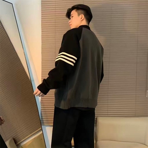 重磅秋冬北极绒开衫毛衣美式复古休闲慵懒风撞色立领针织衫外套图片