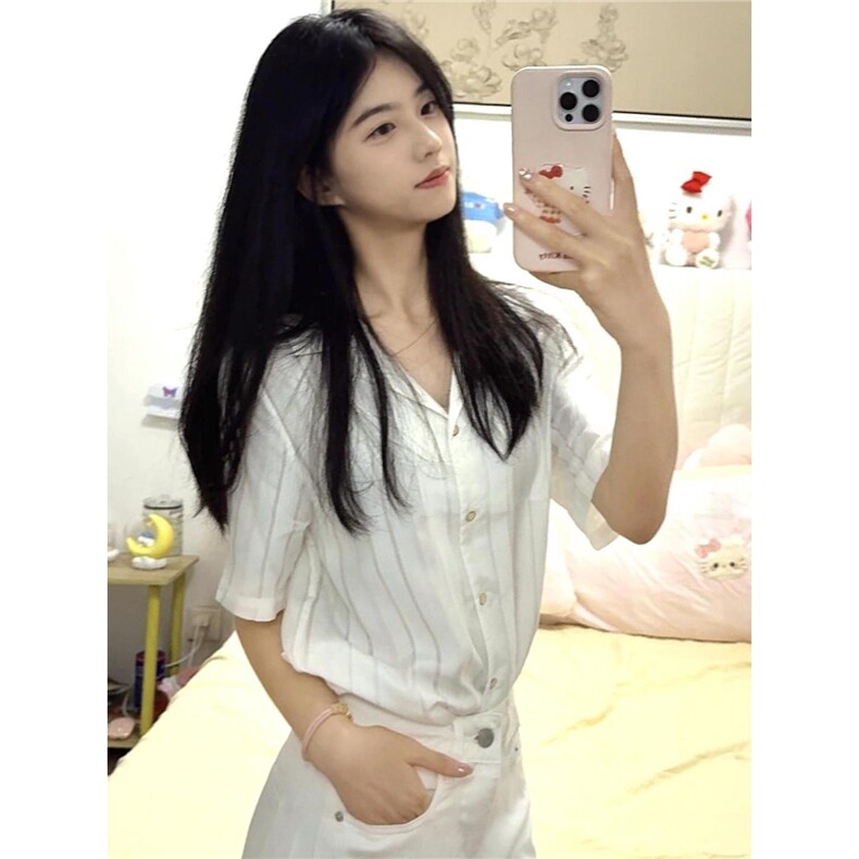 白色韩系简约复古设计感短袖衬衫女夏季新款宽松通勤时尚职业上衣,男装T恤,星座506A
