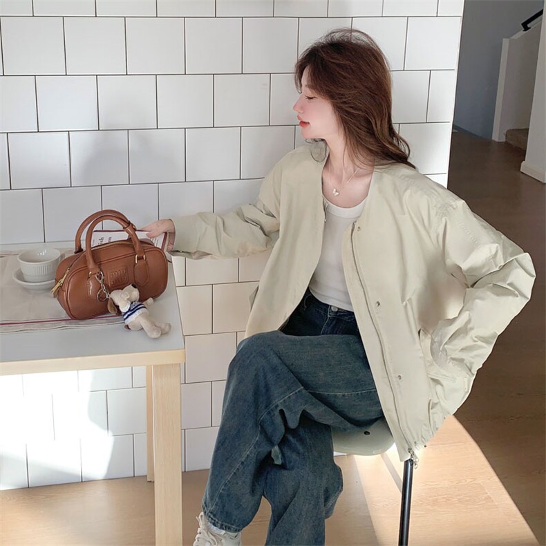 米白色工装棒球服外套女春秋2025新款飞行服机车服爆款宽松流行,女装短外套,2D143
