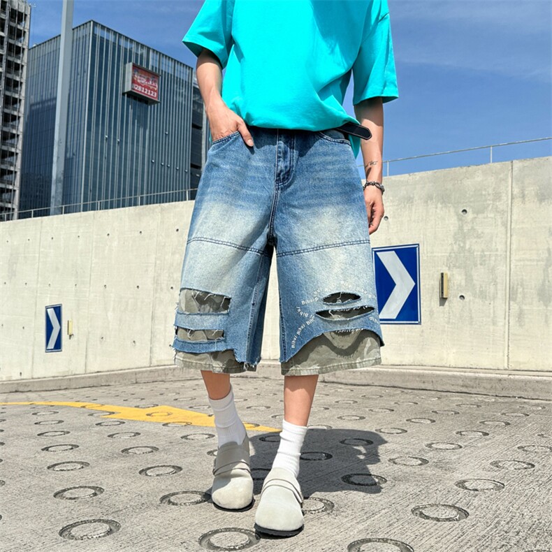 潮牌美式高街水洗破洞拼接牛仔短裤直筒男女五分中裤D0255-P55,男装牛仔裤,星座308B-1