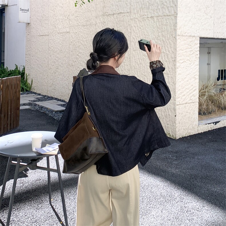 深蓝色复古撞色翻领牛仔短外套女2025秋季小个子气质休闲夹克上衣,女装短外套,2C092