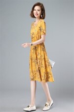 时尚韩版潮流小碎花褶皱中长款棉麻连衣裙2021夏季植物花卉印花潮，女装连衣裙，涵誉