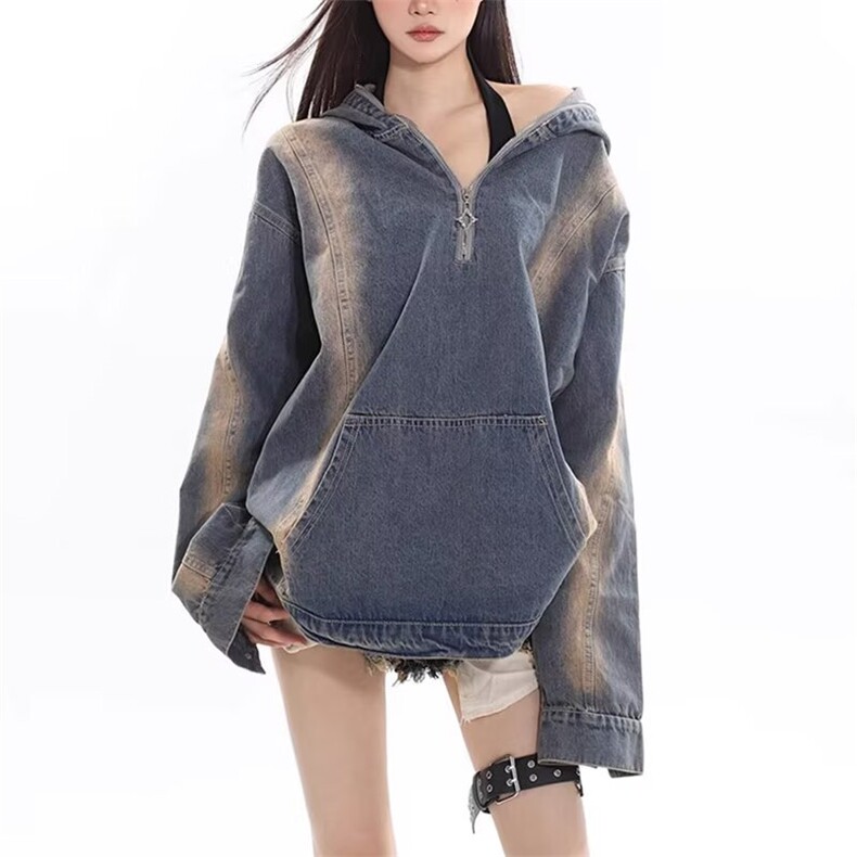 2057-P68微瑕美式春秋季复古慵懒风半拉链牛仔时尚套头上衣,男装T恤,电商B323A