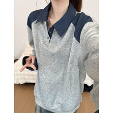 W11052-P45网图现货春季新款翻领拼接卫衣POLO衫T恤设计感长袖，男装T恤，星座1608