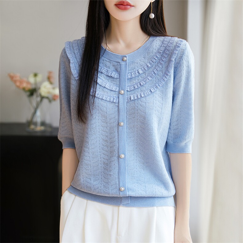 2025夏季新款气质蕾丝木耳边圆领半袖开衫女小香风桑蚕丝短袖t恤，女装蕾丝衫/雪纺衫，暖烁羊绒