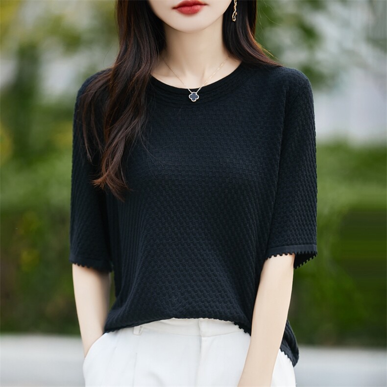夏季新款简约时尚百搭女士天丝圆领几何肌理短袖,女装T恤,暖烁羊绒